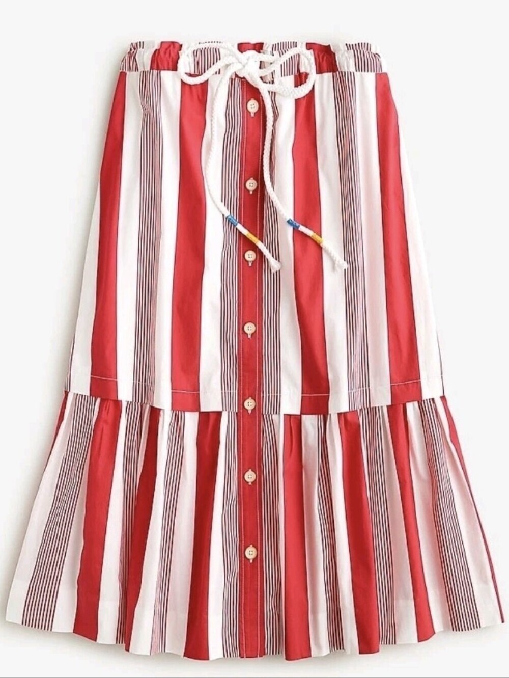 J.Crew Cotton Poplin Red And White Striped Drawstring Midi Skirt Size Small